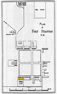 Location of Officers Quarters, Bldg. 13 [in yellow] on 1876 map of Fort Stanton image. Click for full size.