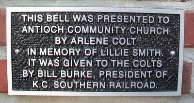 Santa Fe Railway Locomotive Bell Marker at Antioch Church. Click for full size. Santa Fe Railway Locomotive Bell Marker at Antioch Church image. Click for full size.