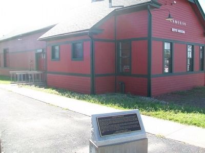Cameron Railroads Marker and Depot image. Click for full size.