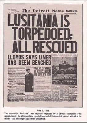<i>Lusitania is Torpedoed; All Rescued<i> Headline image. Click for full size.