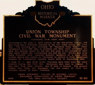 Union Township Civil War Monument Marker Reverse image. Click for full size.