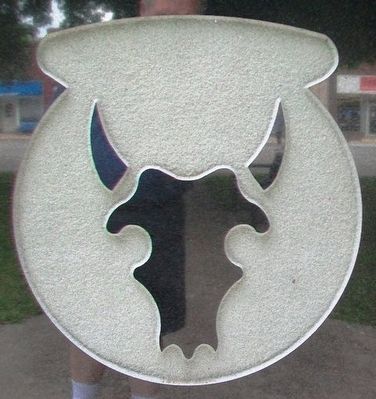 "Red Bull" Emblem on Company "F" Memorial Park Veterans Memorial Marker. Click for full size. "Red Bull" Emblem on Company "F" Memorial Park Veterans Memorial Marker image. Click for full size.