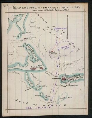 Map showing entrance to Mobile Bay and course taken by Union fleet. image. Click for full size.