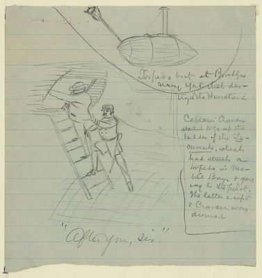 Sketch of Captain T.A.M. Craven and his pilot, climbing a ladder on the Tecumseh image. Click for full size.