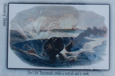 The USS Tecumseh strikes a torpedo and is sunk image. Click for full size.