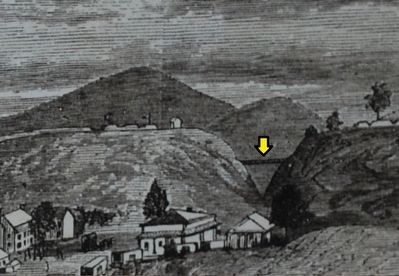 The Foot Bridge, indicated by a yellow arrow, from a photo from the marker image. Click for full size.