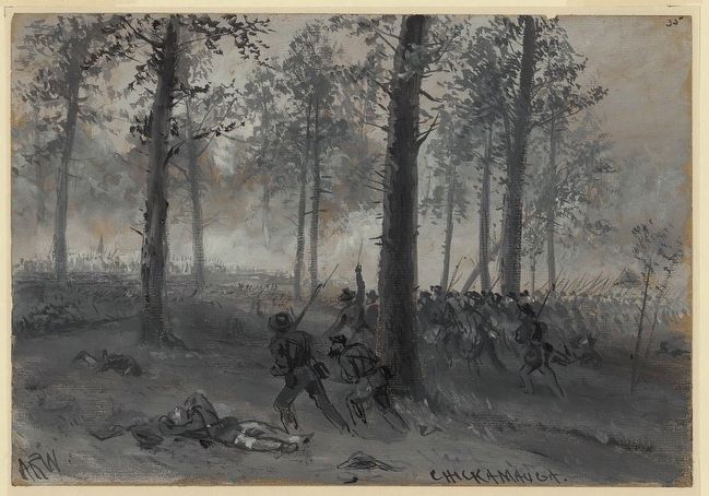 Confederate infantry in the Chickamauga woods. Drawing by wartime artist A.R. Waud. image. Click for full size.