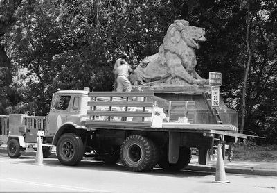 <i>Detail of showing concrete repair work being done in lion, southeast corner of bridge....</i> image. Click for full size.