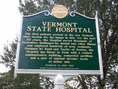 Vermont State Hospital Marker. Click for full size. Vermont State Hospital Marker image. Click for full size.