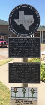Full marker showing both Mason Building & Old Post Sanitarium plaques. image. Click for full size.