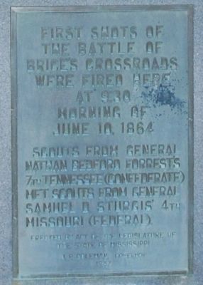 First Shots of the Battle of Brice's Crossroads Marker. Click for full size. First Shots of the Battle of Brice's Crossroads Marker image. Click for full size.