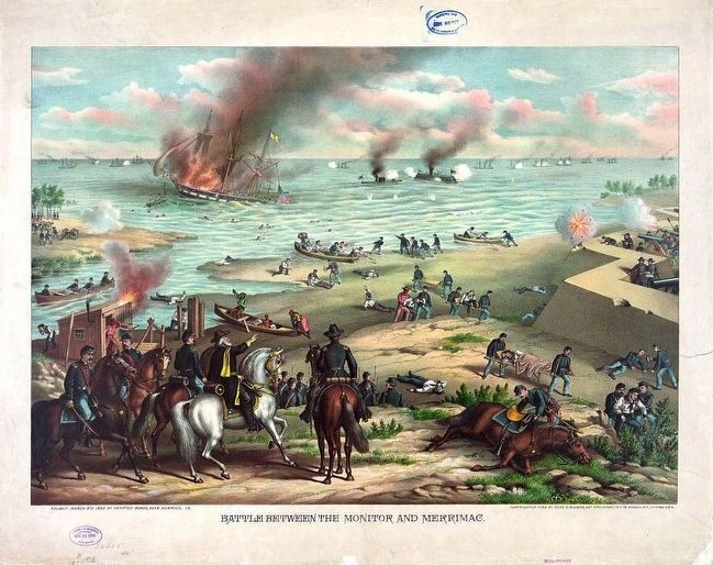 <i>Battle between the Monitor and Merrimac--fought March 9th 1862 at Hampton Roads...</i> image. Click for full size.