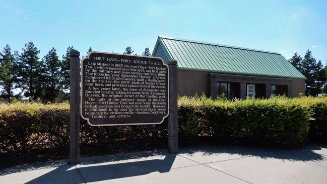 Fort Hays-Fort Dodge Trail Marker (<i>wide view</i>). Click for full size. Fort Hays-Fort Dodge Trail Marker (<i>wide view</i>) image. Click for full size.