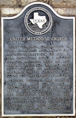 United Methodist Church of Fairy Texas Historical Marker. Click for full size. United Methodist Church of Fairy Texas Historical Marker image. Click for full size.