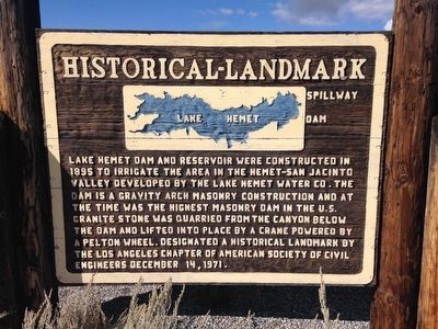 Historic Lake Hemet Dam Marker. Click for full size. Historic Lake Hemet Dam Marker image. Click for full size.