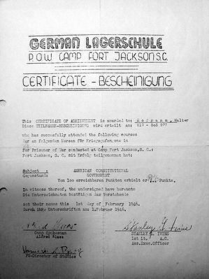 Certificate of Achievement for Course Taken at Fort Jackson POW Camp image. Click for full size.