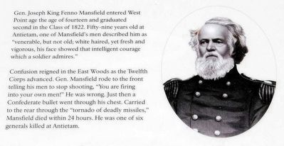 The East Woods Marker<br>Gen. Joseph King Fenno Mansfield. Click for full size. The East Woods Marker<br>Gen. Joseph King Fenno Mansfield image. Click for full size.