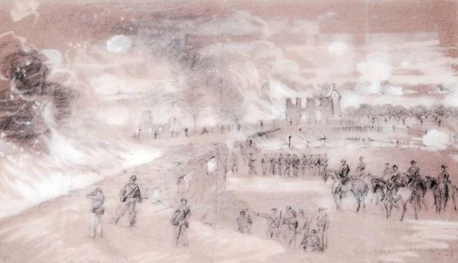 Alfred Waud Sketch of the Burning of Mumma Farm<br>Published in <i>Harpers Weekly</i> image. Click for full size.
