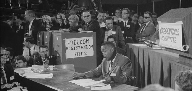 Aaron Henry (seated at center) at the 1964 Democratic National Convention image. Click for full size.
