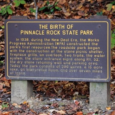 The Birth of Pinnacle Rock State Park Marker. Click for full size. The Birth of Pinnacle Rock State Park Marker image. Click for full size.
