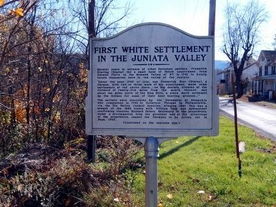 First White Settlement in the Juniata Valley Marker-Side 1 image. Click for full size.