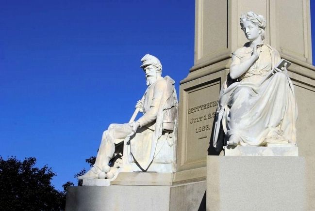 Soldier’s National Monument<br>Statues of War (left) and History (right). Click for full size. Soldier’s National Monument<br>Statues of War (left) and History (right) image. Click for full size.