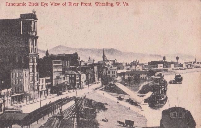 <i>Panoramic Birds Eye View of River Front, Wheeling, W. Va.</i> image. Click for full size.