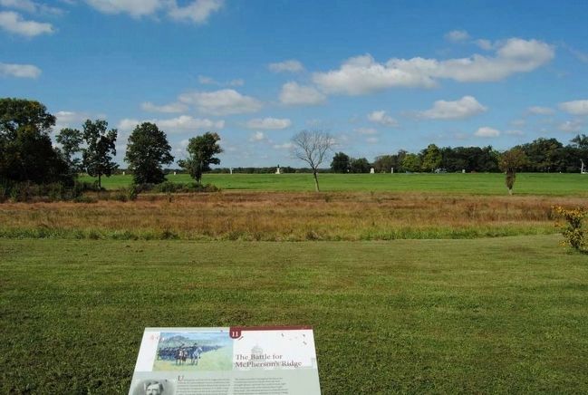 The Battle for McPherson's Ridge Marker(br>McPherson's Ridge in Background image. Click for full size.