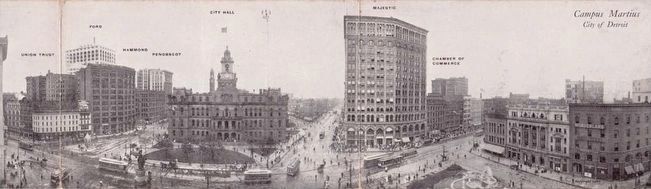 <i>Campus Martius - City of Detroit</i> - Panoramic Postcard <i>(Click to enlarge.)</i>. Click for full size. <i>Campus Martius - City of Detroit</i> - Panoramic Postcard <i>(Click to enlarge.)</i> image. Click for full size.