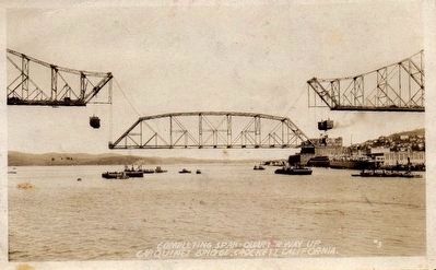 <i>Completing Span - Quarter Way Up - Carquinez Bridge, Crockett, California.</i>. Click for full size. <i>Completing Span - Quarter Way Up - Carquinez Bridge, Crockett, California.</i> image. Click for full size.