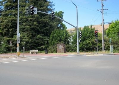 John Reed's Saw Mill Marker - Wide View, Looking North Across East Blithedale Ave.. Click for full size. John Reed's Saw Mill Marker - Wide View, Looking North Across East Blithedale Ave. image. Click for full size.