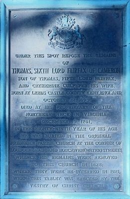 Thomas, Sixth Lord Fairfax of Cameron Marker. Click for full size. Thomas, Sixth Lord Fairfax of Cameron Marker image. Click for full size.