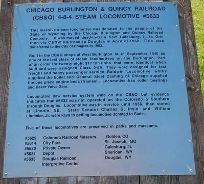 Chicago, Burlington & Quincy Railroad (CB&Q) 4-8-4 Steam Locomotive #5633 Marker image. Click for full size.