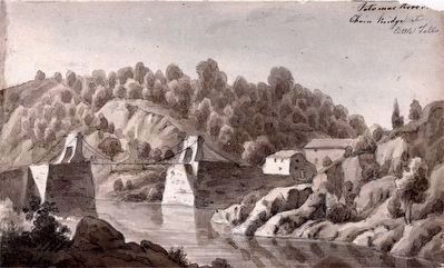 Potomac River, Chain Bridge at Little Falls, 1839 by Augustus Kollner image. Click for full size.