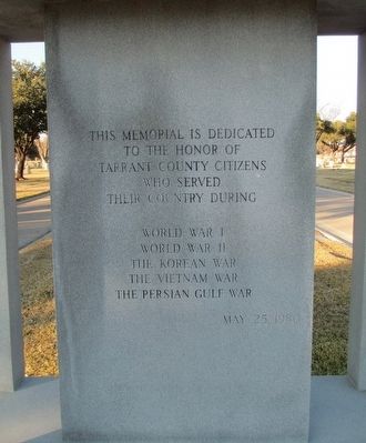 Tarrant County War Memorial "Spirit of the American Doughboy" Monument Front Inscription. Click for full size. Tarrant County War Memorial "Spirit of the American Doughboy" Monument Front Inscription image. Click for full size.