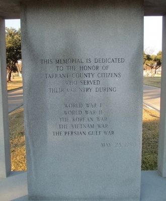 Tarrant County War Memorial "Spirit of the American Doughboy" Monument Front Inscription image. Click for full size.
