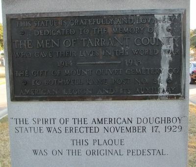 Tarrant County War Memorial "Spirit of the American Doughboy" Monument Rear Inscription image. Click for full size.