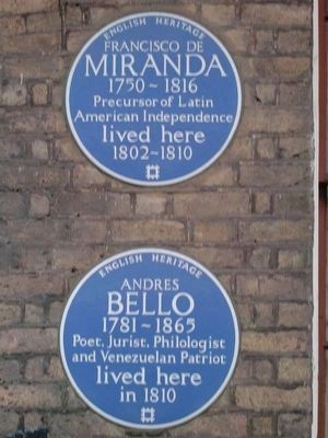 Blue plaques commemorating Bello and Francisco Miranda on 58 Grafton Way, London image. Click for full size.