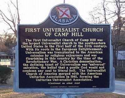 First Universalist Church of Camp Hill Marker (front). Click for full size. First Universalist Church of Camp Hill Marker (front) image. Click for full size.