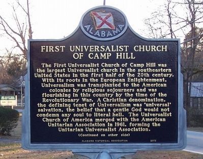 First Universalist Church of Camp Hill Marker (front) image. Click for full size.