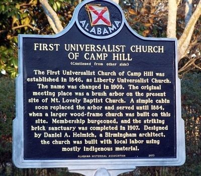 First Universalist Church of Camp Hill Marker (back) image. Click for full size.