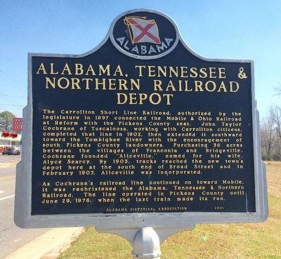 Alabama, Tennessee & Northern Railroad Depot Marker. Click for full size. Alabama, Tennessee & Northern Railroad Depot Marker image. Click for full size.