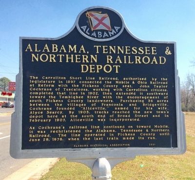 Alabama, Tennessee & Northern Railroad Depot Marker image. Click for full size.