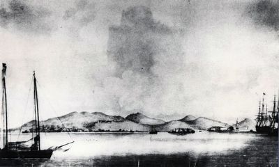Yerba Buena (San Francisco) and the Golden Gate from Yerba Buena Island in 1837 by Violet image. Click for full size.
