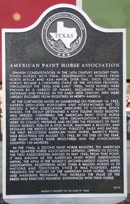 American Paint Horse Association Texas Historical Marker. Click for full size. American Paint Horse Association Texas Historical Marker image. Click for full size.
