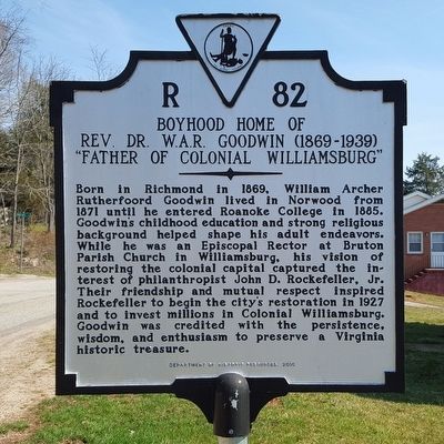 Boyhood Home of Rev. Dr. W.A.R. Goodwin (1869-1939) Marker image. Click for full size.