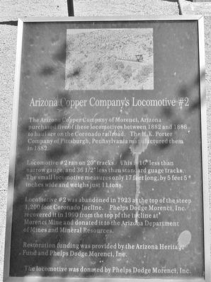 Arizona Copper Company's Locomotive #2 Marker. Click for full size. Arizona Copper Company's Locomotive #2 Marker image. Click for full size.