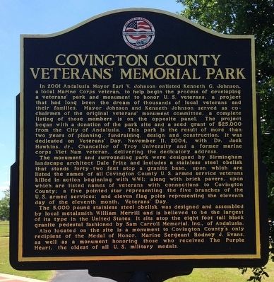 Covington County Veterans Memorial Park Marker. Click for full size. Covington County Veterans Memorial Park Marker image. Click for full size.