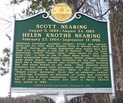 Scott Nearing & Helen Knothe Nearing Marker image. Click for full size.