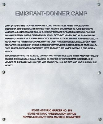 Emigrant-Donner Camp Marker. Click for full size. Emigrant-Donner Camp Marker image. Click for full size.